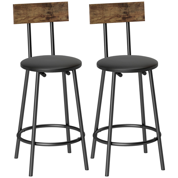 Juego de 2 Taburetes de Bar, Taburetes Altos de Cocina con Respaldo y Reposapiés, Tapizados en PU, Marco Metálico, Asiento de 60 cm de Altura, Negro