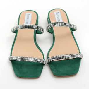 Sandali bassi in simil camoscio con fasce ricoperte di strass