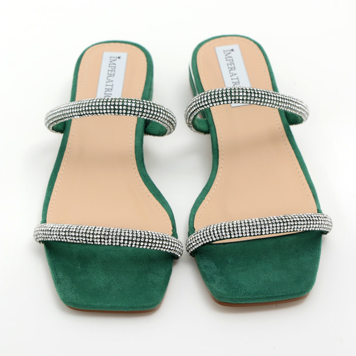 Sandali bassi in simil camoscio con fasce ricoperte di strass