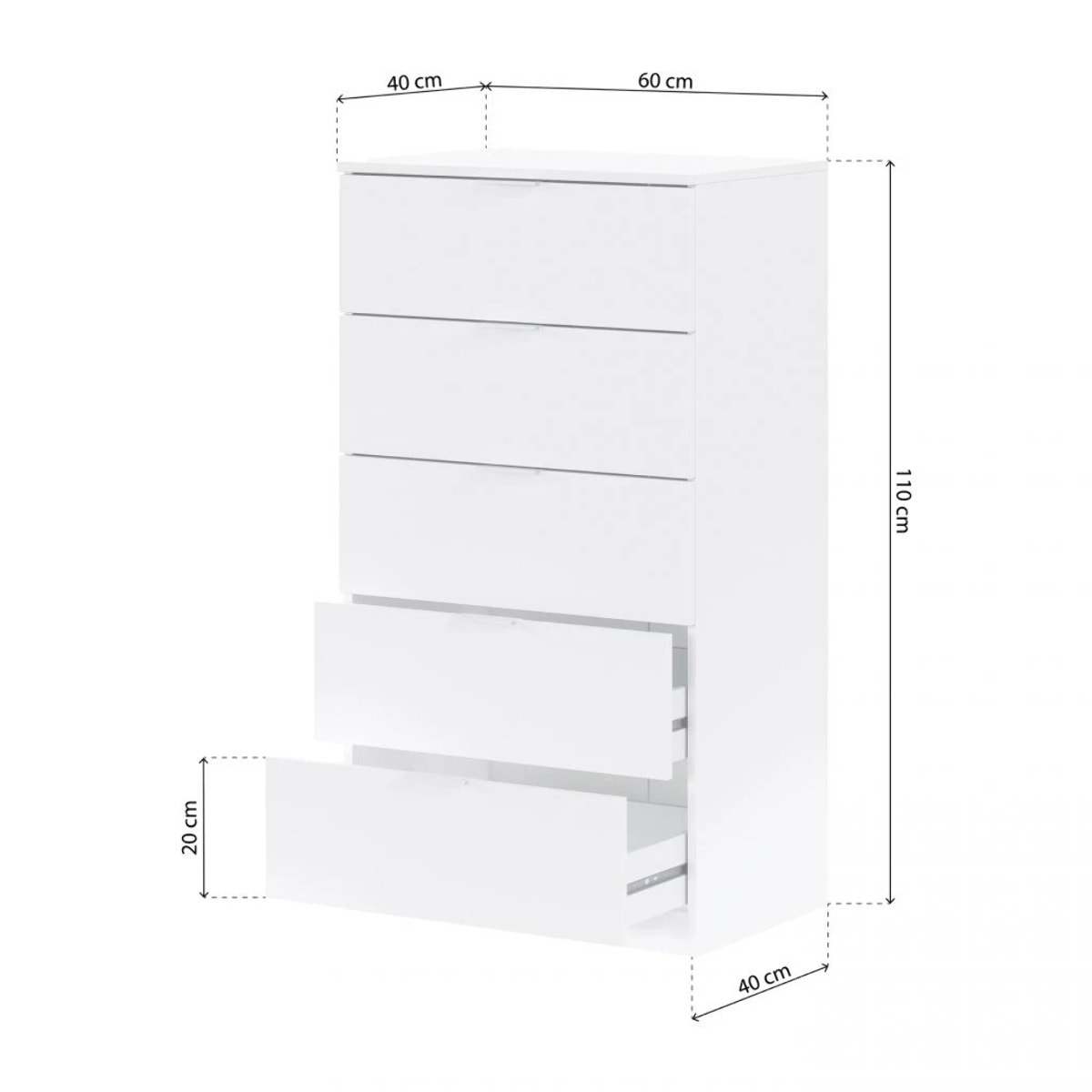 Cómoda de 5 cajones formato vertical en blanco mate 60x110 cm Akari Blanco Artik (Blanco Mate)