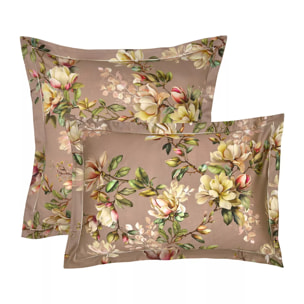 Taie d'oreiller satin de coton imprimé rose Magnolias rose fume