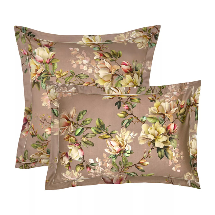 Taie d'oreiller satin de coton imprimé rose Magnolias rose fume
