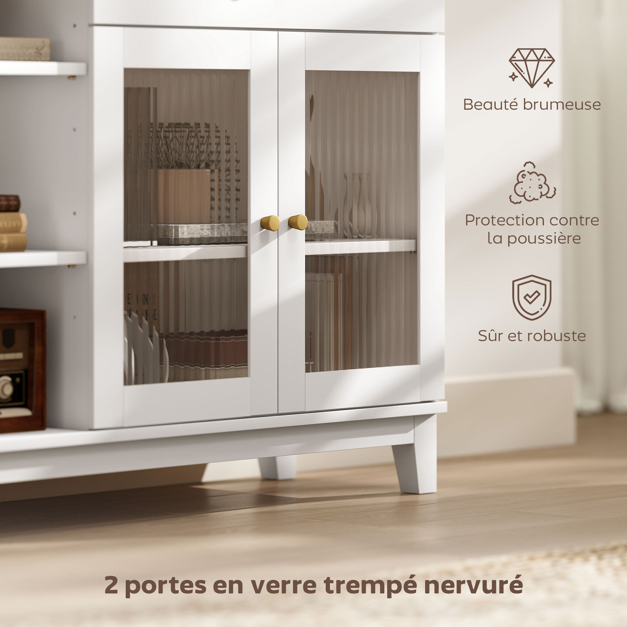 Buffet 2 portes verre effet cannelé étagère tiroir 3 niches dim. 100 x 35 x 80,3 cm blanc effet bois clair