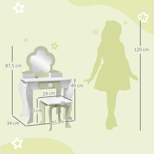 Tocador para Niñas con Espejo y Taburete Tocador de Maquillaje para Niñas de 3-6 Años con 2 Cajas y 1 Cajón 55x34x87,5 cm Blanco y Verde Pastel