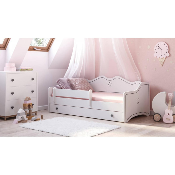 Letto singolo per bambini decorato, Lettino decorato con cassettone e protezione anticaduta per cameretta, cm 164x85h70, colore Bianco e Grigio