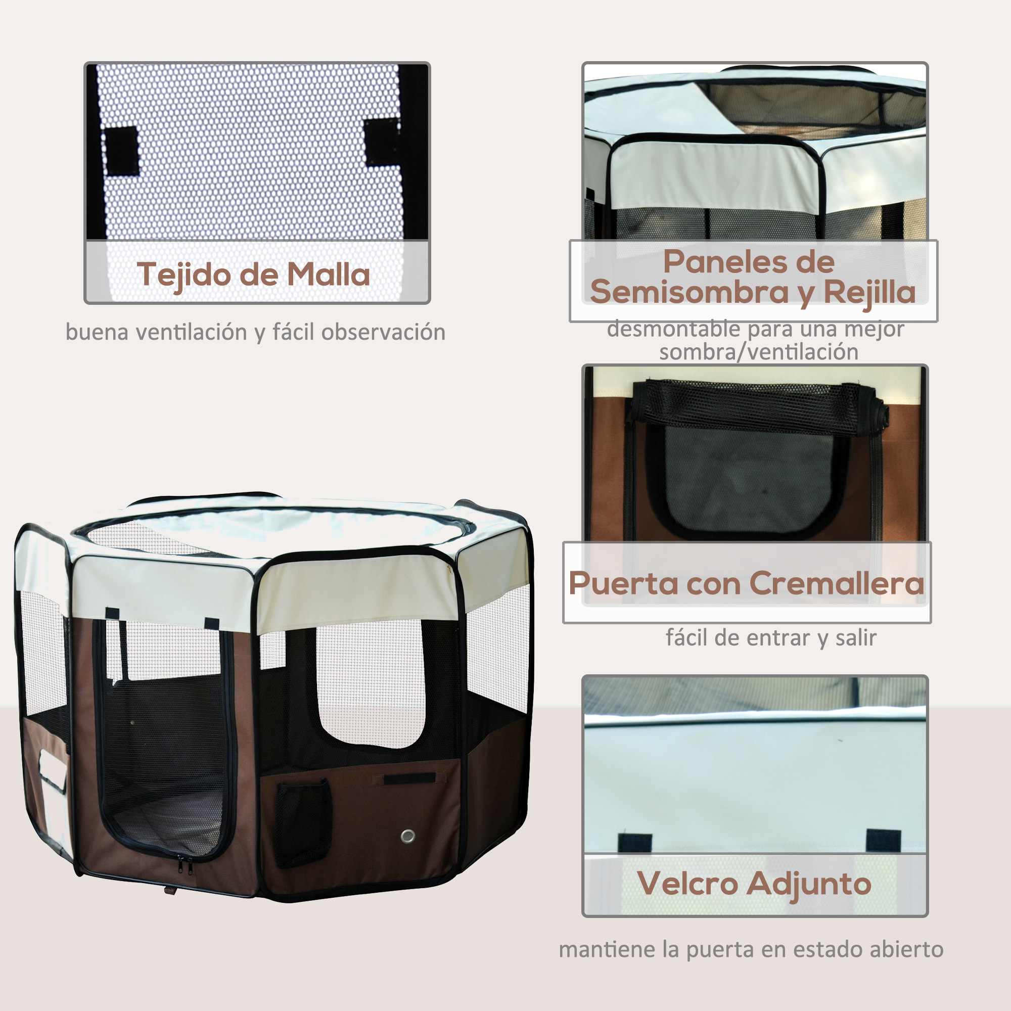 Parque Mascotas de Oxford y Metal 116x116x71cm Café y Crema