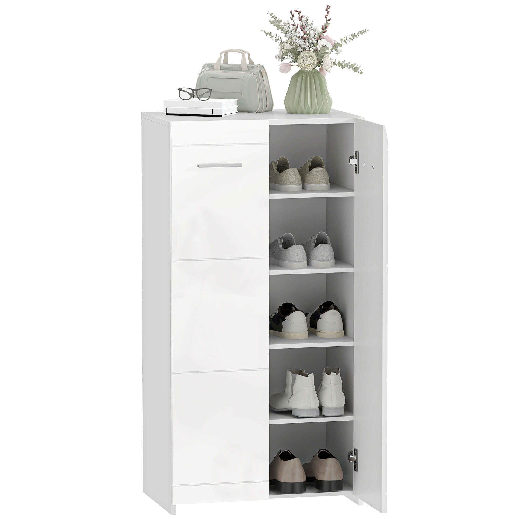 Mueble Zapatero, Armario para Zapatos Moderno con Estantes Ajustables, para 10 Pares de Zapatos, Zapatero para Pasillo, Recibidor, 55x36x108 cm, Blanco Brillo