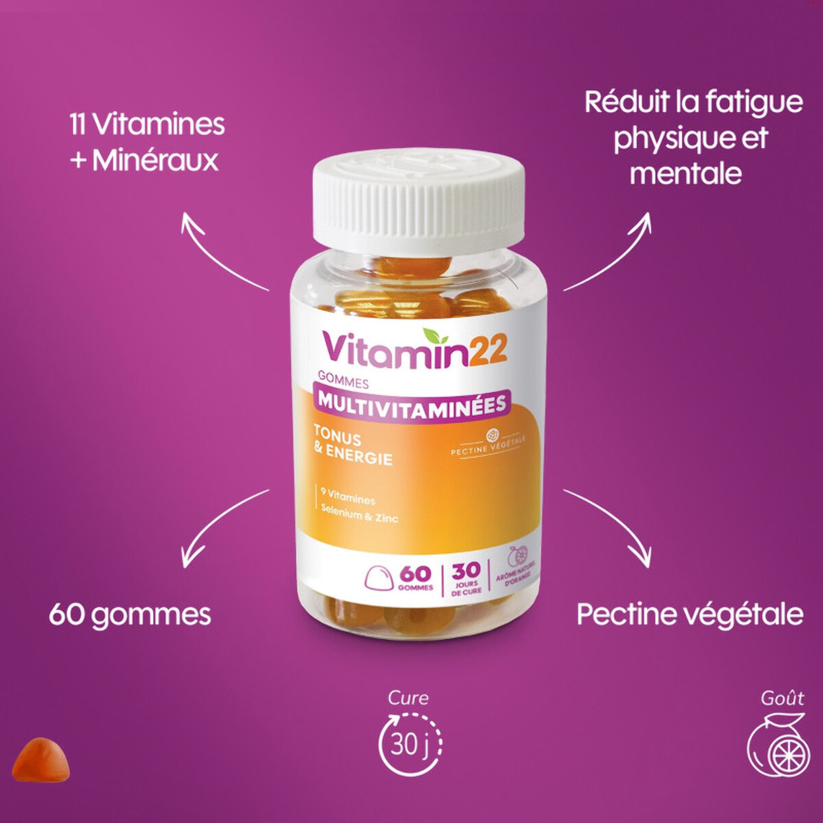 VITAMIN'22 - Gommes Multivitaminées "Energy Boost" - Complément alimentaire à base de 11 vitamines & minéraux - Tonus & Réduction de la fatigue - Goût orange - 60 gommes - Cure 30 jours