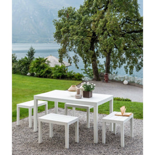 Set salotto da esterno Asta, Composizione da giardino con 1 tavolo rettangolare e 4 panchine, Salottino indoor e outdoor da Pic Nic, 100% Made in Italy, Bianco