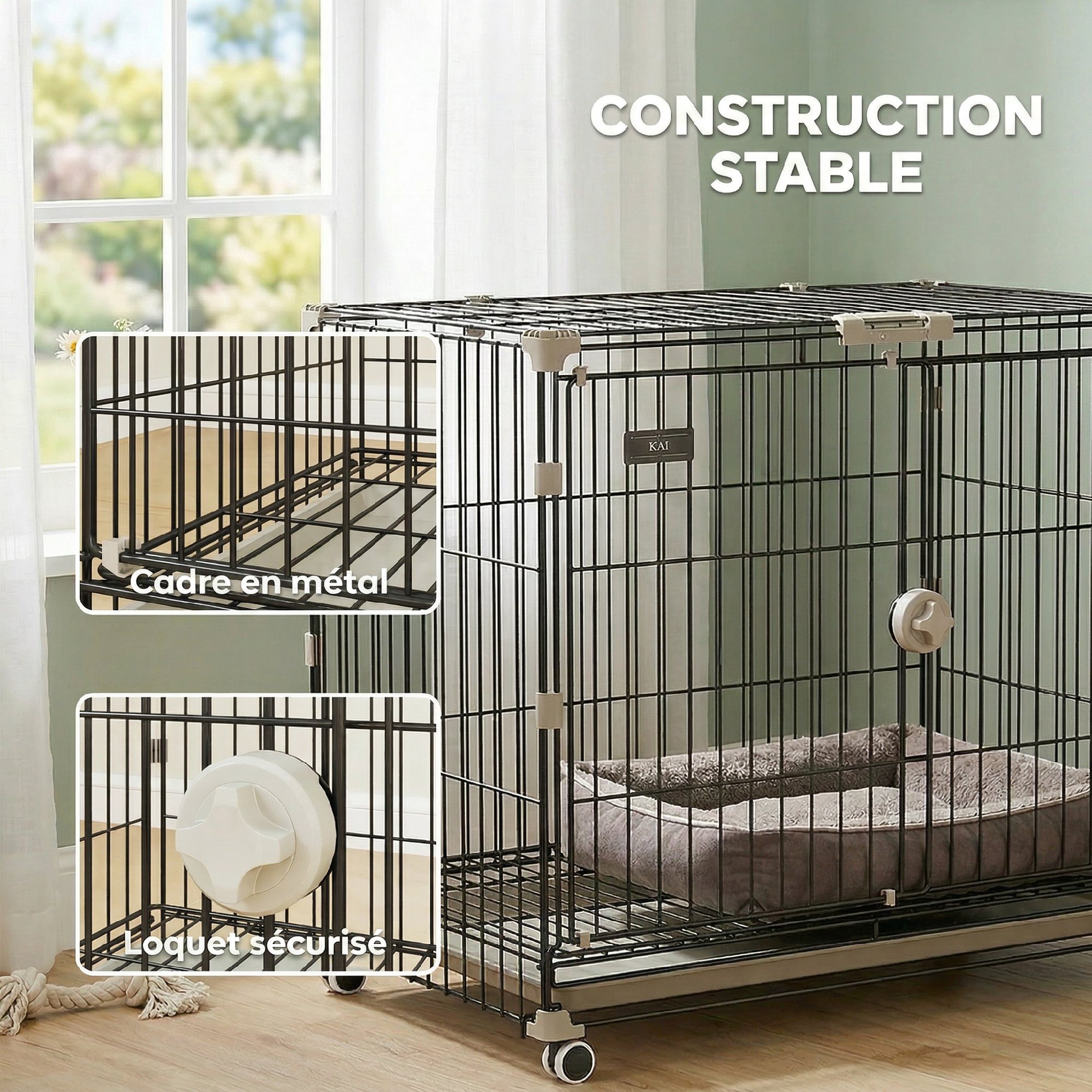 Cage pour Chien Pliable, Plateau Amovible, Roues avec Freins, Toit Ouvrant Verrouillable, Porte de Nourrissage, Niche Chien Interieur pour Petits et Moyens Chiens, 75,5x46x64,5cm, Noir
