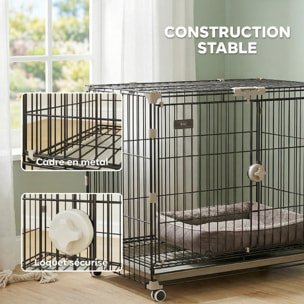 Cage pour Chien Pliable, Plateau Amovible, Roues avec Freins, Toit Ouvrant Verrouillable, Porte de Nourrissage, Niche Chien Interieur pour Petits et Moyens Chiens, 75,5x46x64,5cm, Noir