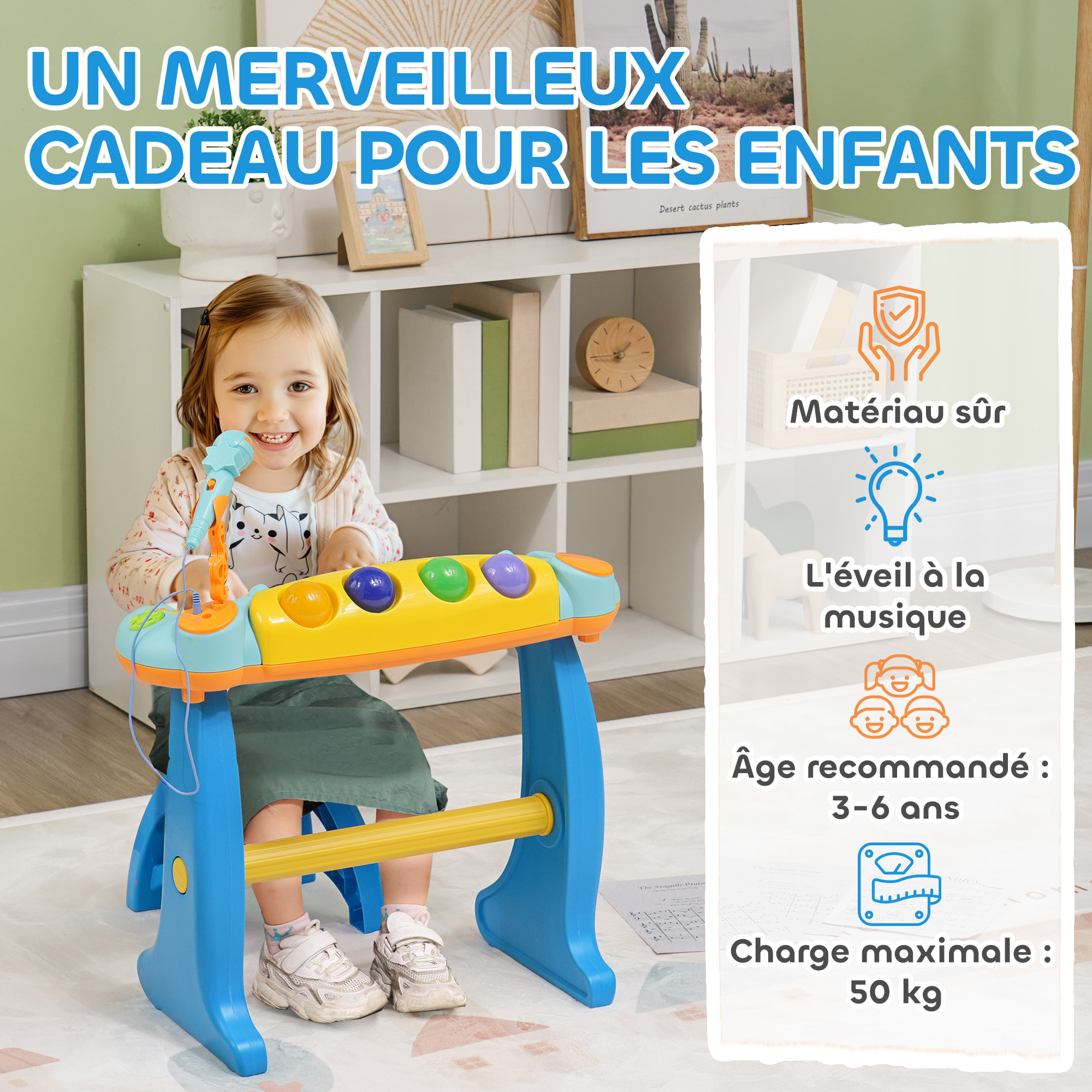 Clavier musical pour enfant - piano enfant avec tabouret et micro - 37 touches, 22 chansons, 8 instruments et rythmes - jaune bleu