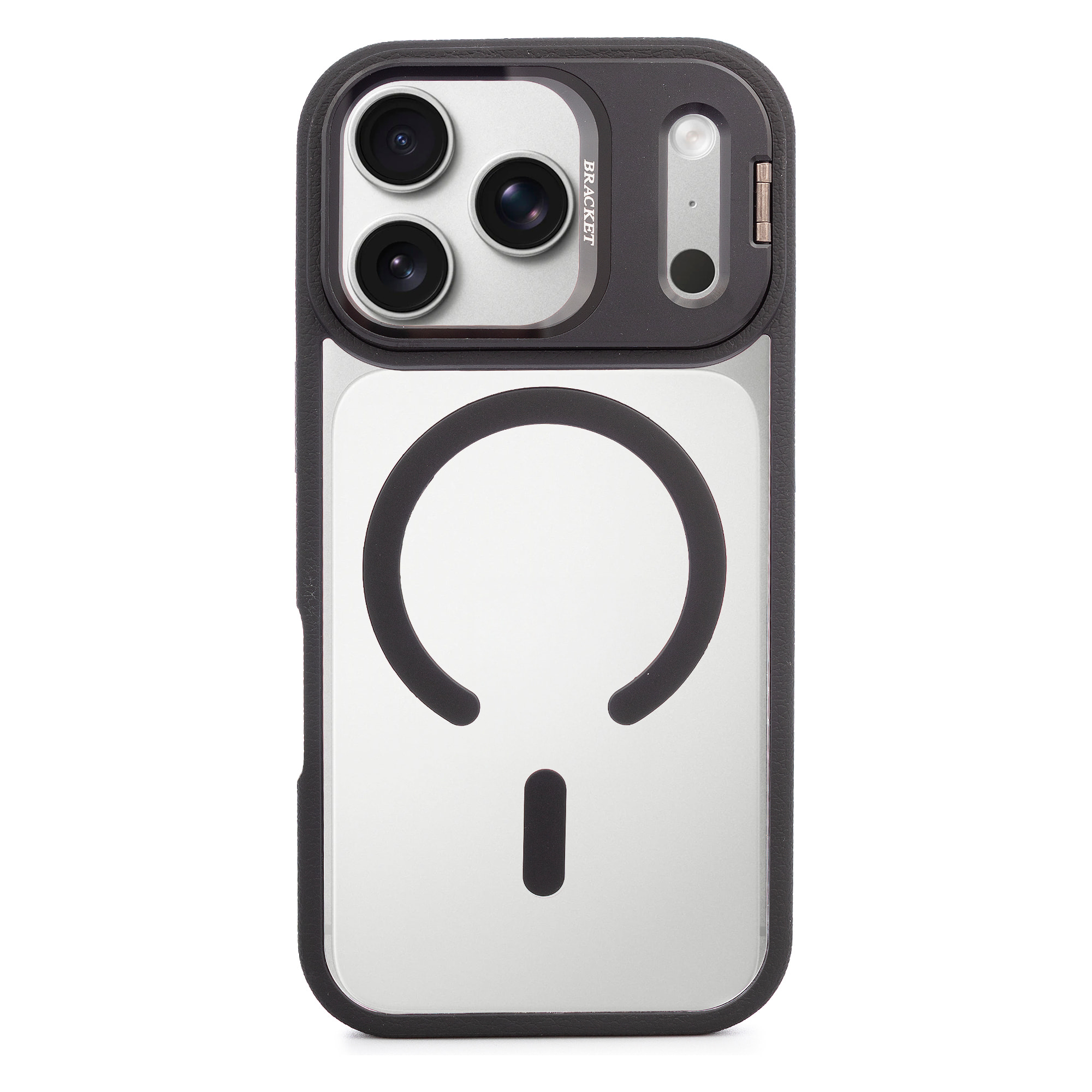 Custodia trasparente con copertura della fotocamera pieghevole che funge da supporto, bordi neri. MagSafe per iPhone 17 Pro.