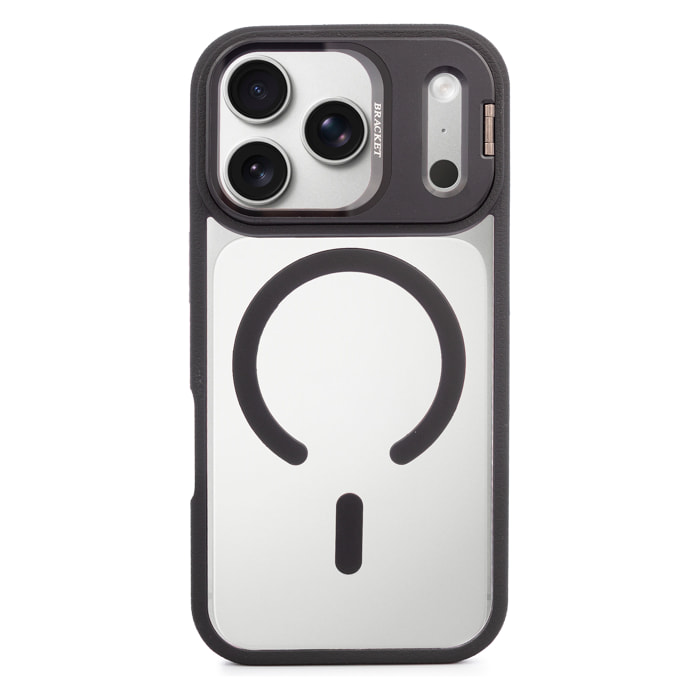 Custodia trasparente con copertura della fotocamera pieghevole che funge da supporto, bordi neri. MagSafe per iPhone 17 Pro.