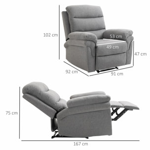 Fauteuil de relaxation inclinable manuel avec repose-pied ajustable tissu polyester aspect lin gris clair chiné