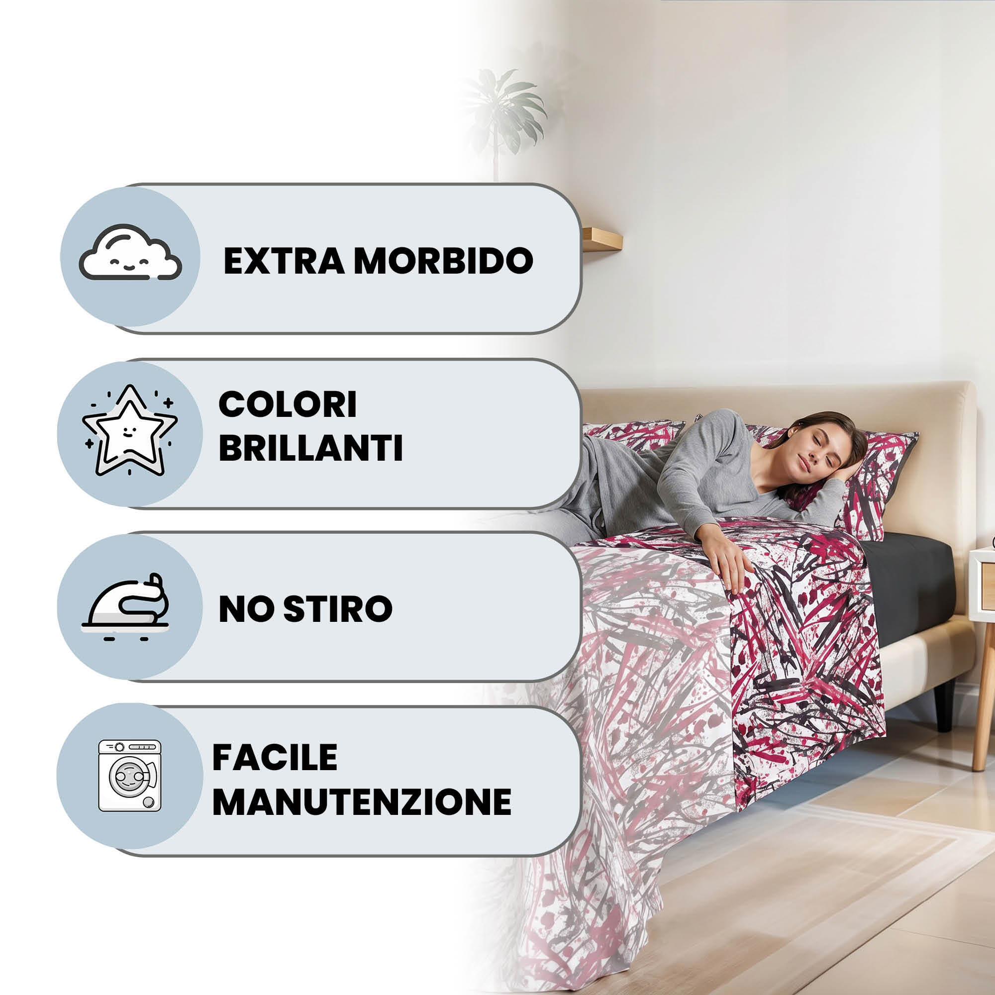 COMPLETO LETTO FASHION, 100% Microfibra, No Stiro - CRAZY