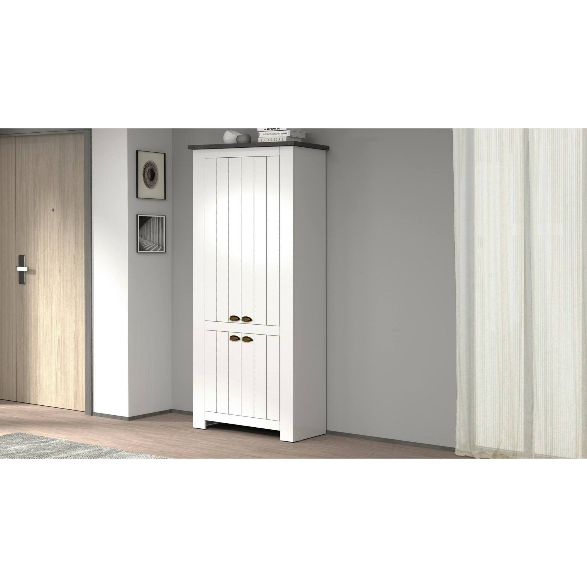 Scarpiera Dcicerell, Porta scarpe salvaspazio a 4 ante, Armadio multifunzione da ingresso, 84x42h200 cm, Bianco e Ardesia