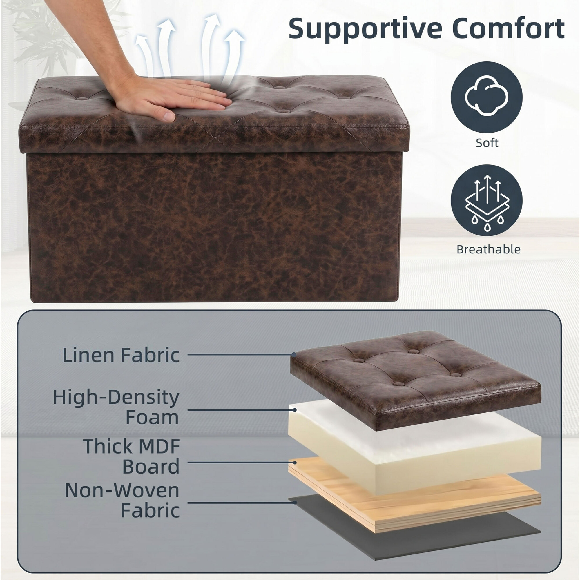 Nemora Saddle 75 - Cassapanca Ottomana 76,2x38,1x38,1 cm Pouf Contenitore Poggiapiedi in Similpelle Marrone