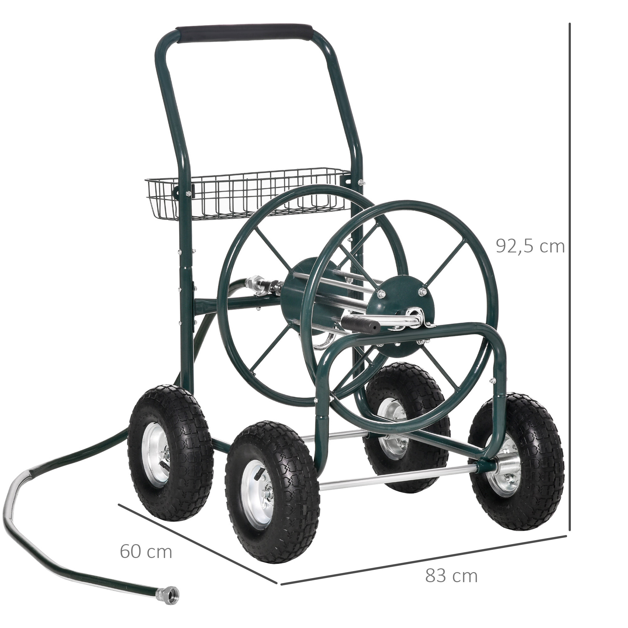 Dévidoir sur roues 70 m - dévidoir métal - dévidoir chariot - enrouleur tuyau d'arrosage - poignée antidérapante, panier rangement - métal vert