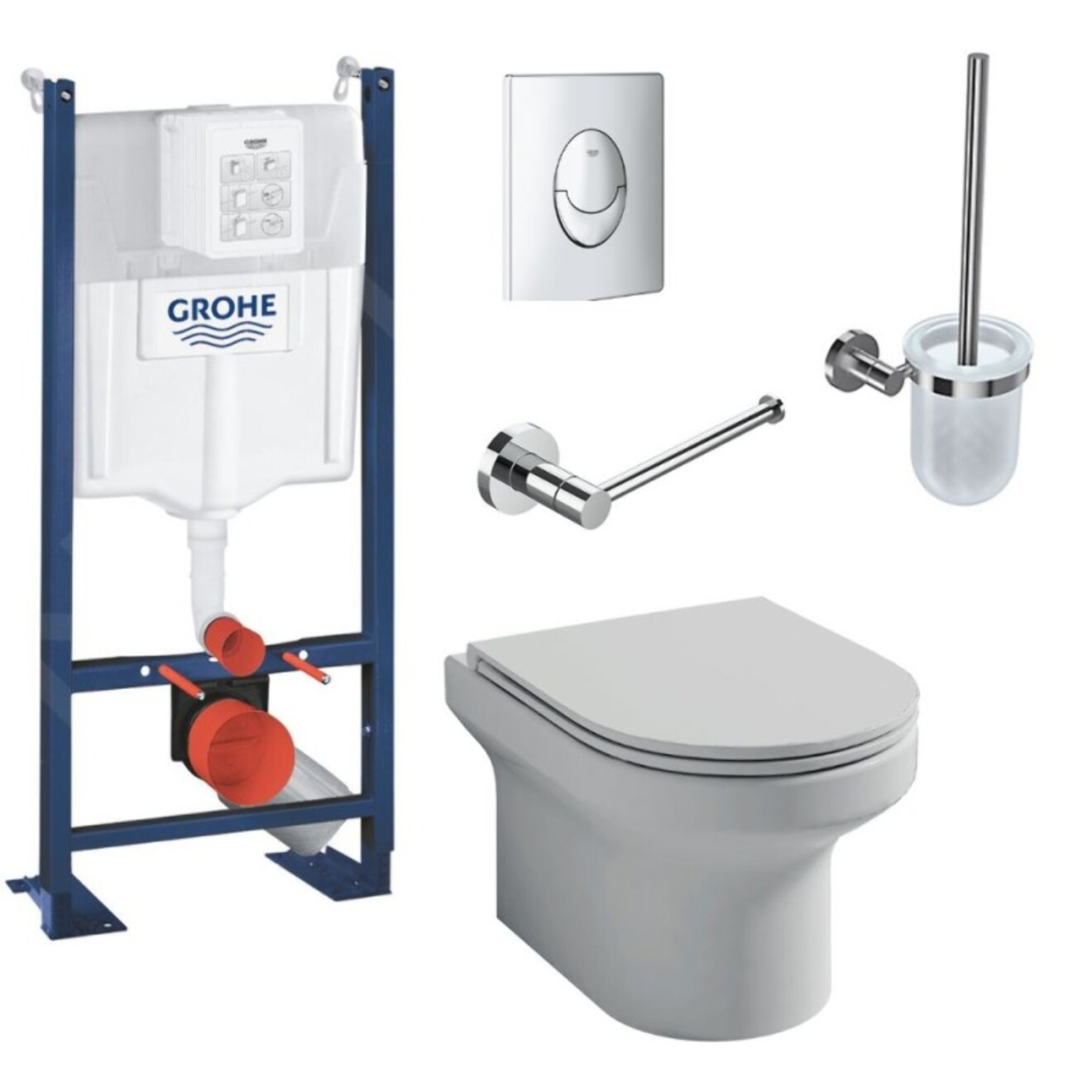 Pack WC suspendu sans bride Elite + Bâti support GROHE Rapid SL + plaque chromé + Porte-balai + Porte-rouleau