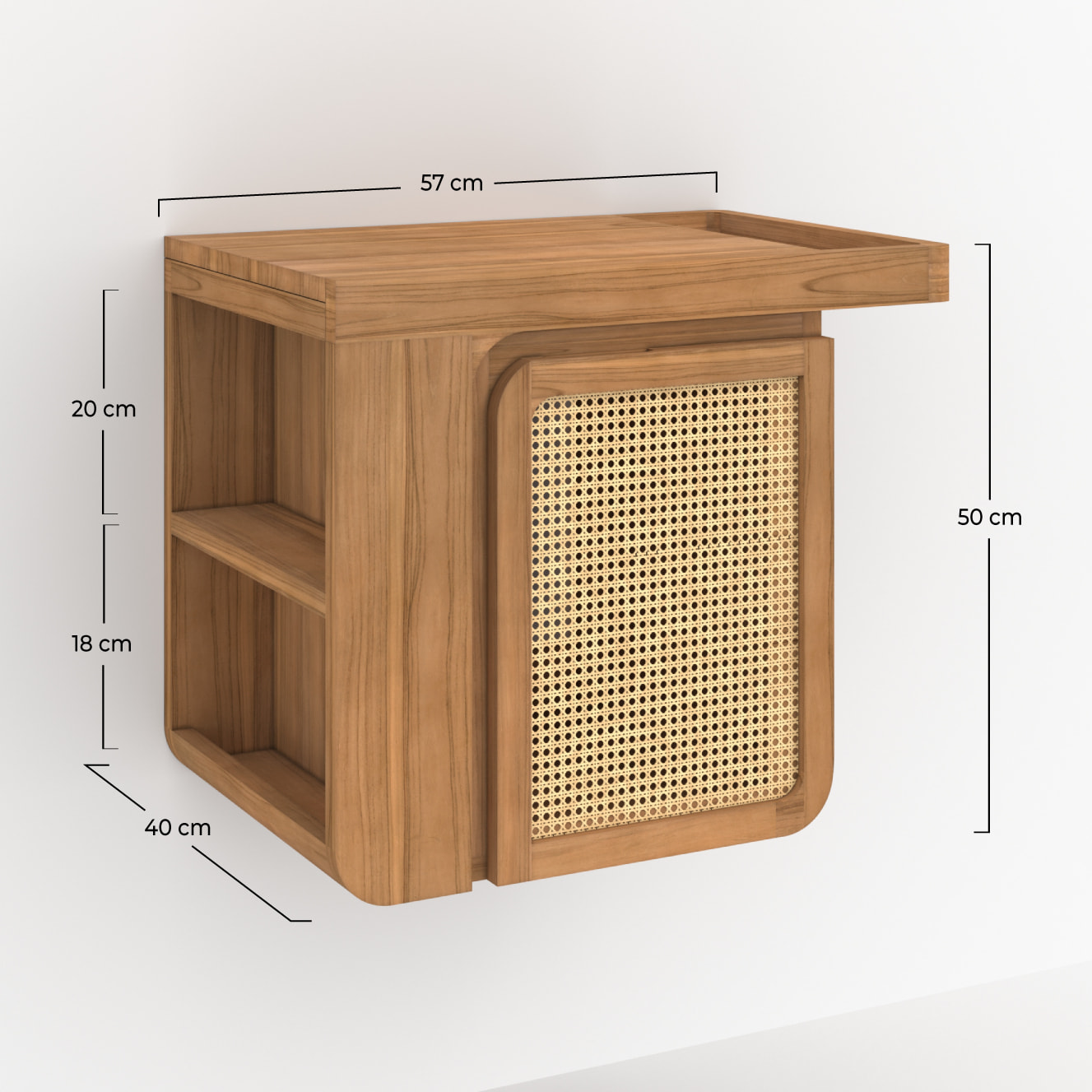 Meuble de salle de bain suspendu en bois de teck et cannage 57 cm - Dami