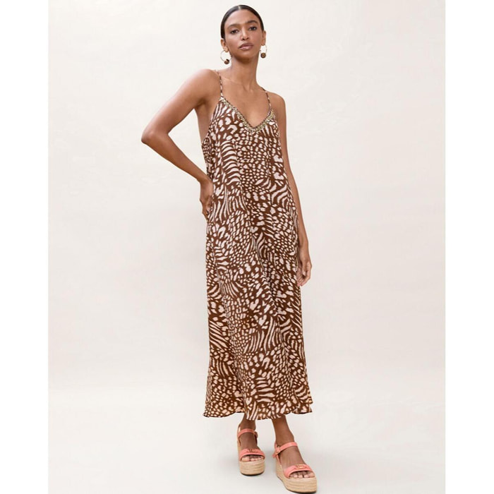 Abito lungo con spalline e stampa a pois