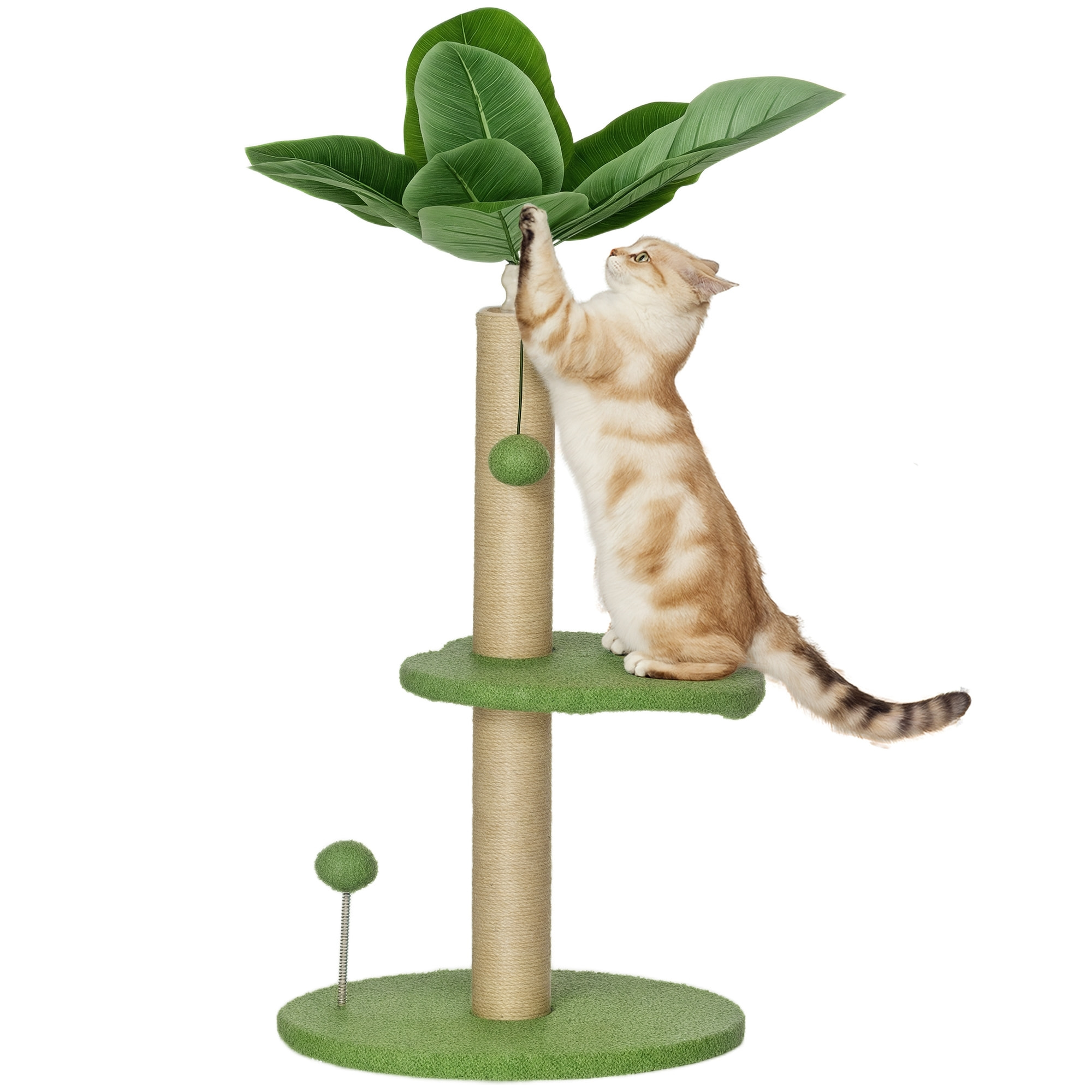 PawHut Árbol Rascador para Gatos 83 cm con Hojas Artificiales, Torre para Gatos con Poste de Yute, Plataformas de Felpa, 2 Juguetes de Bolas, Verde