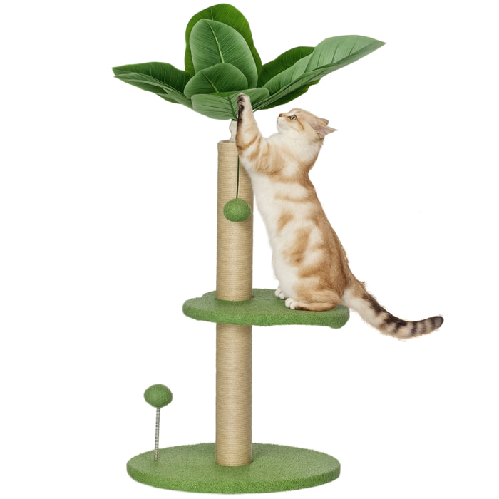PawHut Árbol Rascador para Gatos 83 cm con Hojas Artificiales, Torre para Gatos con Poste de Yute, Plataformas de Felpa, 2 Juguetes de Bolas, Verde