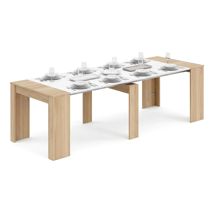 Mesa consola extensible en roble canadian y blanco artik 50-235x90 cm Denis Roble Canadian - Blanco Artik (Blanco Mate)