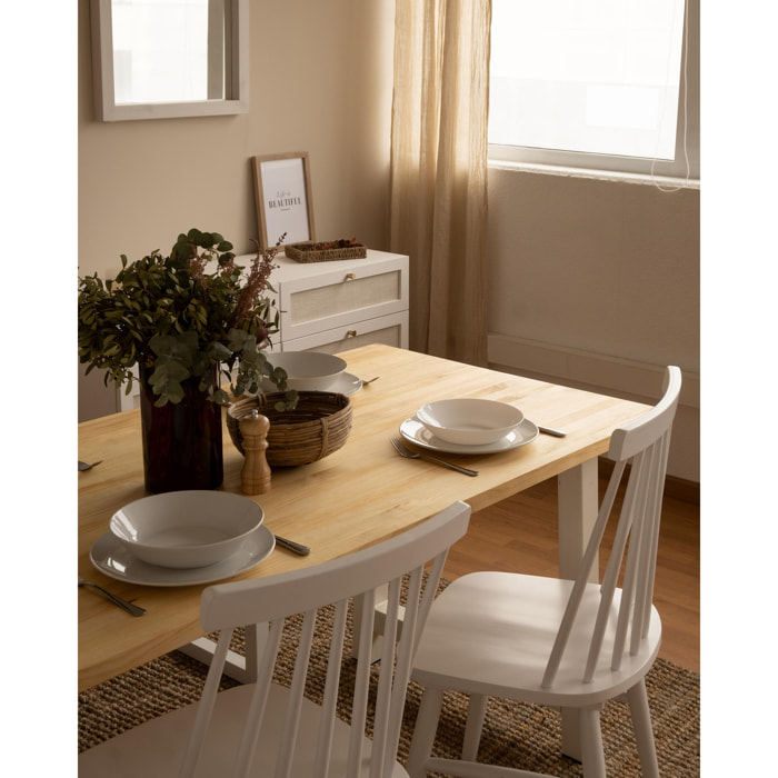 Table à manger en bois massif ton naturel avec pieds en fer blanc de différentes tailles