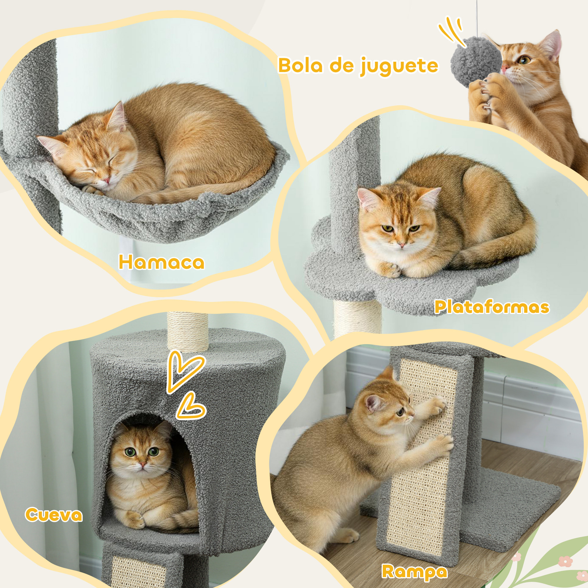 Árbol para Gatos de Suelo a Techo, Altura Ajustable de 220-240 cm, Torre para Gatos con Hamaca, Plataformas en Flor, Cuevas, Rampa y Bola, Gris Claro