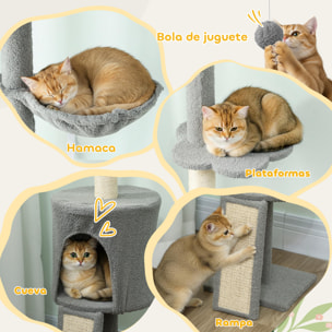 Árbol para Gatos de Suelo a Techo, Altura Ajustable de 220-240 cm, Torre para Gatos con Hamaca, Plataformas en Flor, Cuevas, Rampa y Bola, Gris Claro