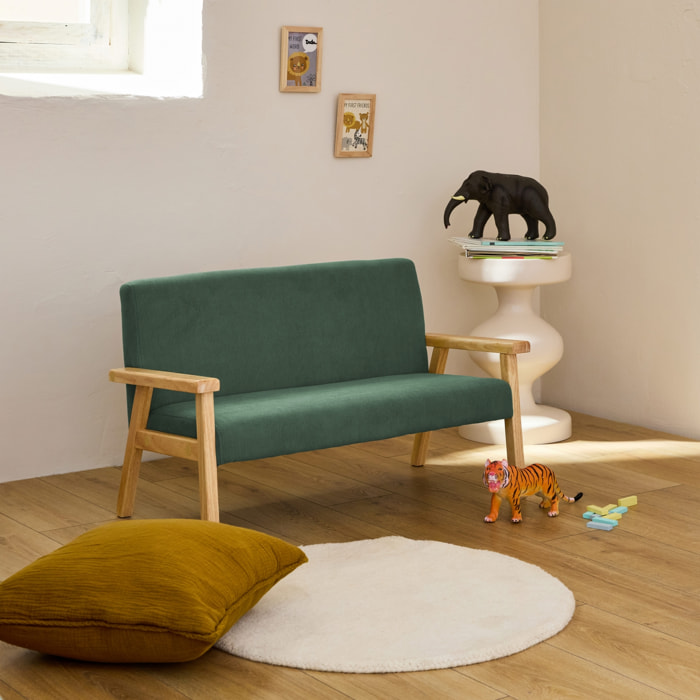 Banquette canapé enfant en bois et velours côtelé kaki. Isak. L 84 x P 43.5 x H 50cm