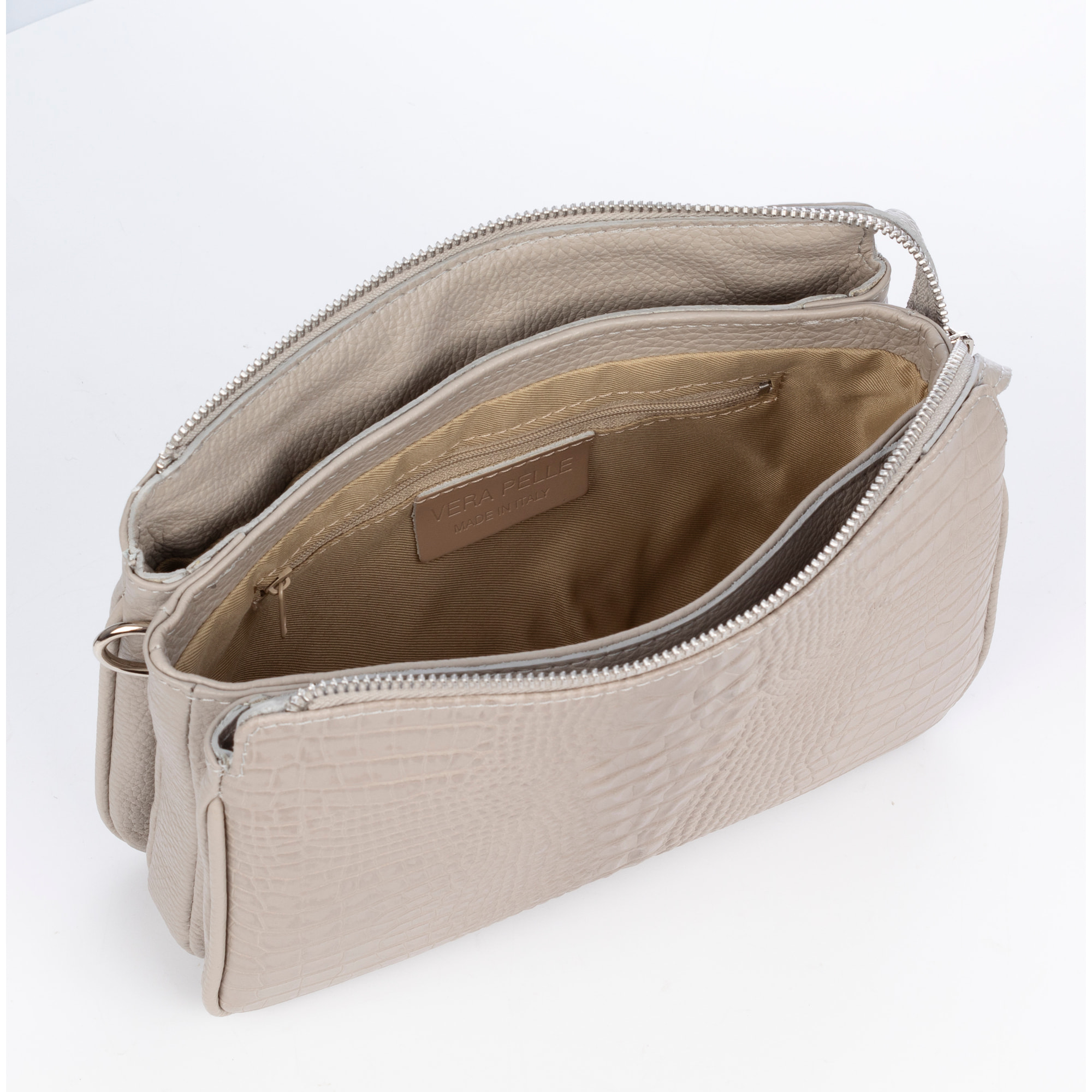 FIRENZE ARTEGIANI Borsa a tracolla dollaro in vera pelle con frontale inciso coccodrillo Made in Italy 25x14x18 Cm. Grigio