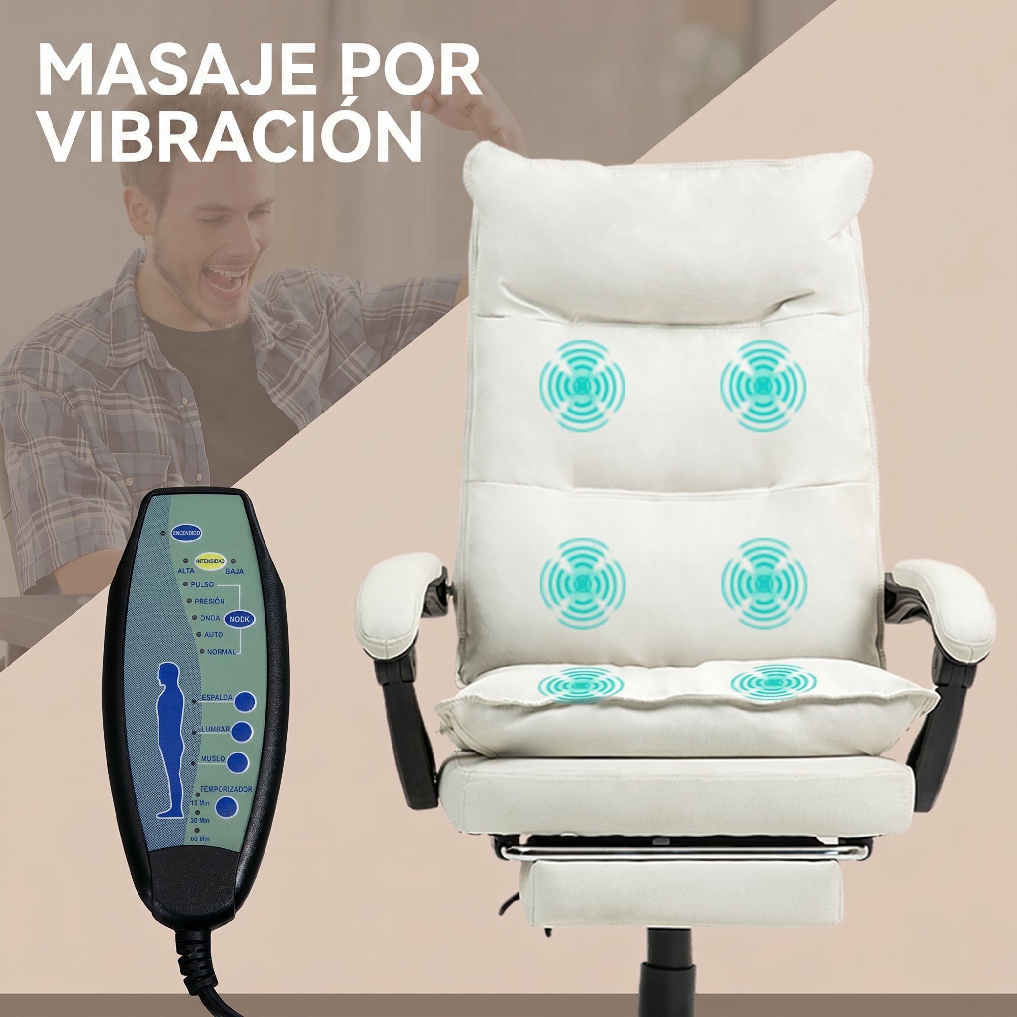 Vinsetto Silla de Oficina Ejecutiva con Masaje, Silla de Escritorio Ergonómica con Altura Ajustable, Respaldo Reclinable, Reposapiés, Mando con Cable, Giratoria 360°, Crema