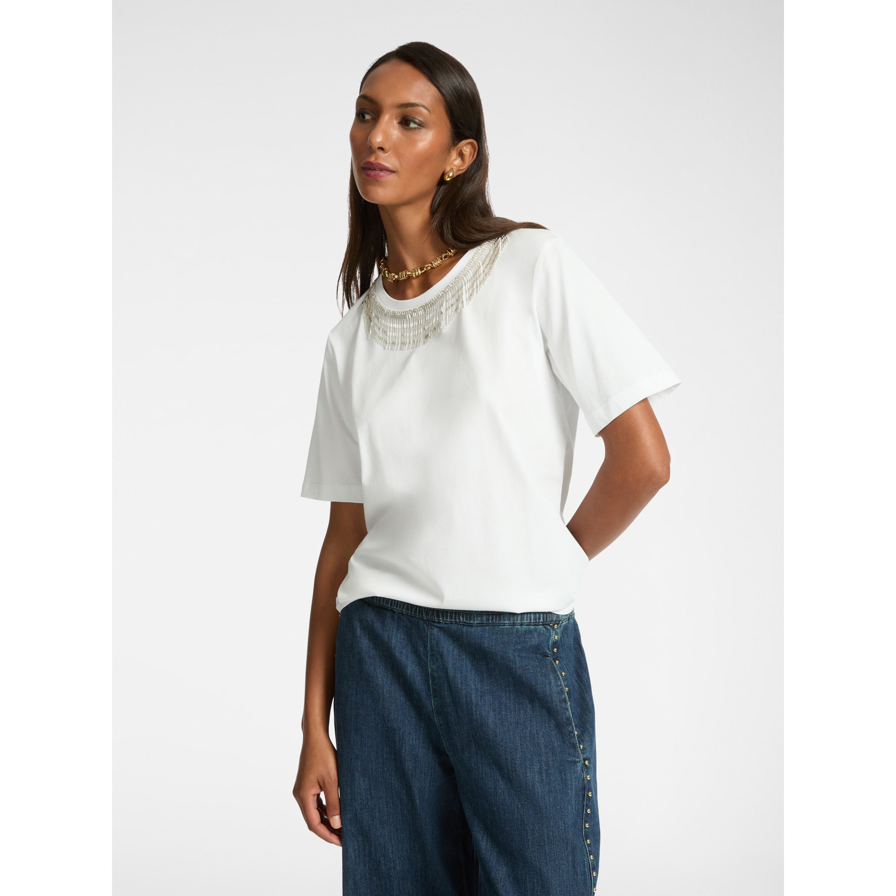 Elena Mirò - Camiseta con flecos de strass - Blanco