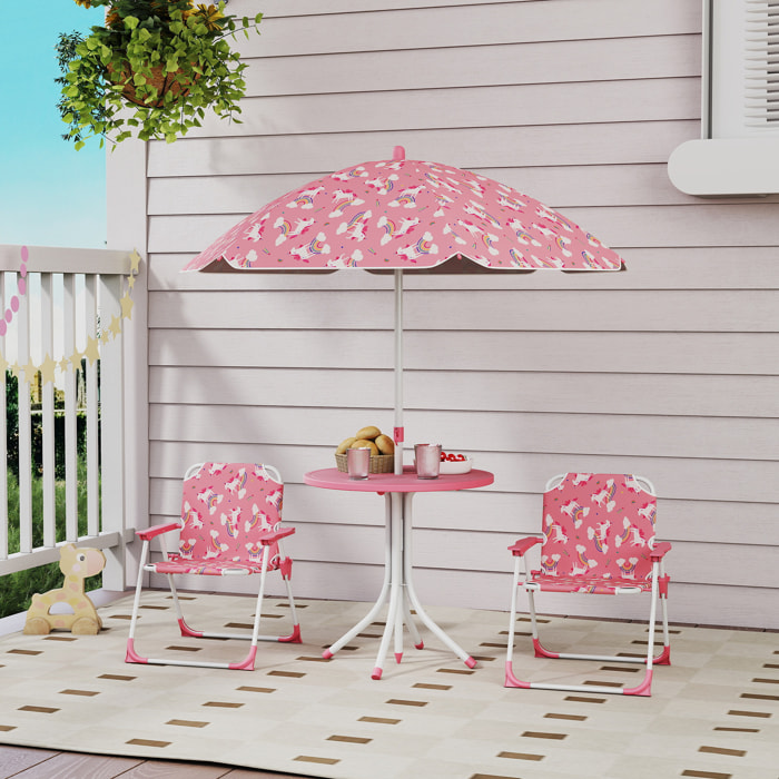 Conjunto de Mesa y Sillas Infantil de Jardín de 4 Piezas, Mesa Infantil con Sillas Plegables, Sombrilla Desmontable, Diseño de Unicornios y Arcoíris, para Patio, Pícnic, Rosa