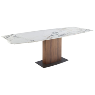Mesa comedor extensible ovalada barril con tapa de mármol porcelánico blanco con vetas en tonalidades grises y marrones en acabado brillo 160x100x76cm