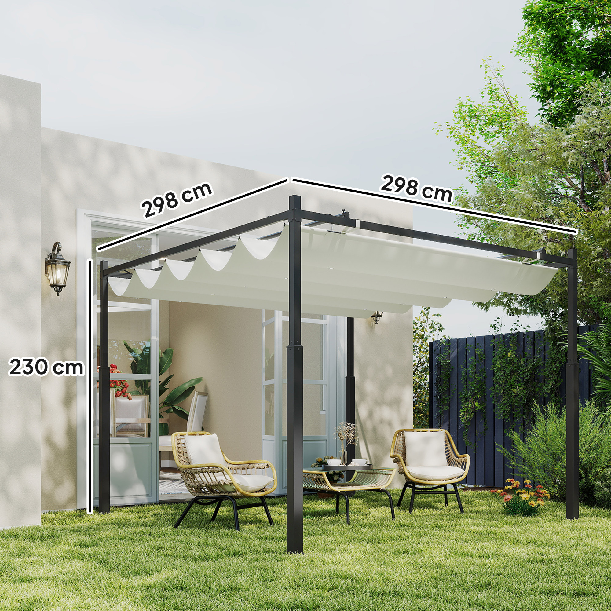 Pérgola de Jardín 3x3 m con Techo Retráctil y Accesorio Magnético, Cenador de Jardín con Protección UV30+, Columnas Metálicas y Ganchos, Pabellón para Patio, Terraza, Exterior, Blanco Crema