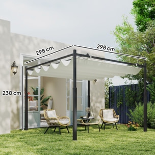 Pérgola de Jardín 3x3 m con Techo Retráctil y Accesorio Magnético, Cenador de Jardín con Protección UV30+, Columnas Metálicas y Ganchos, Pabellón para Patio, Terraza, Exterior, Blanco Crema