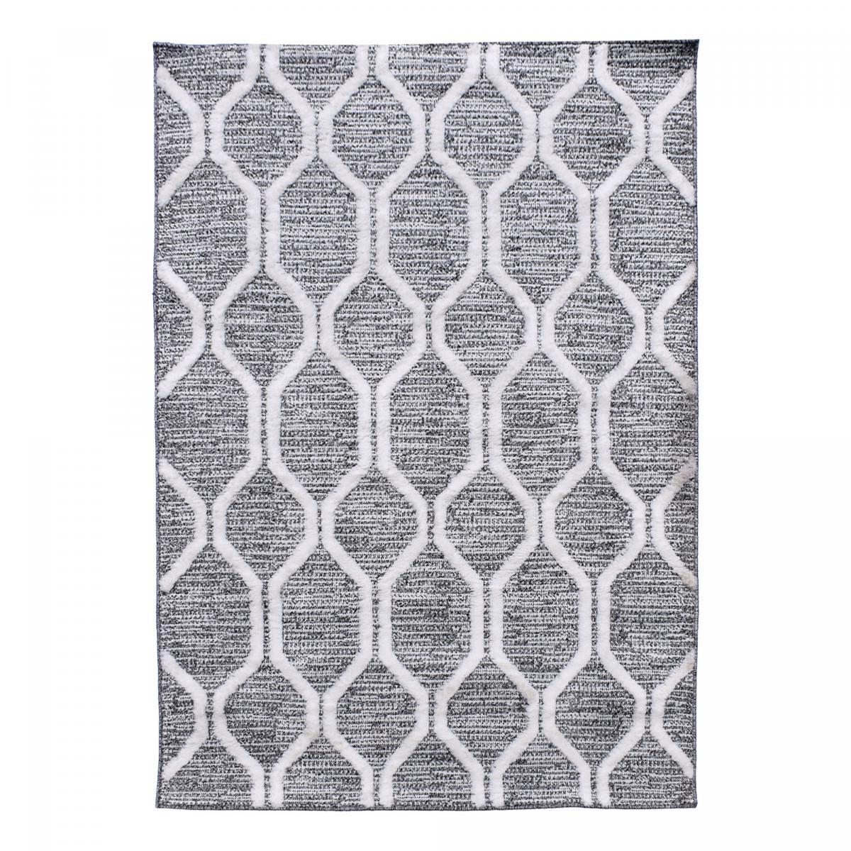 Tapis Turi en relief dessin géométrique, couleur gris et blanc