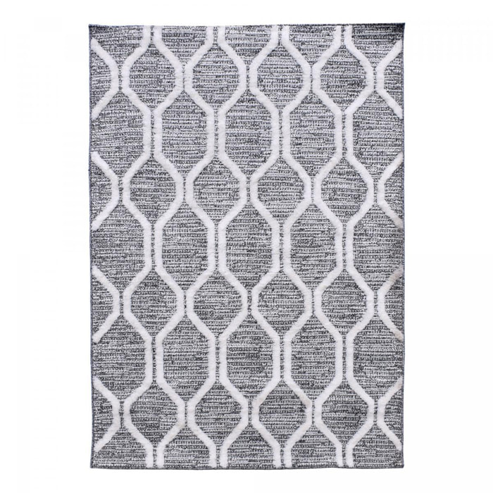 Tapis Turi en relief dessin géométrique, couleur gris et blanc