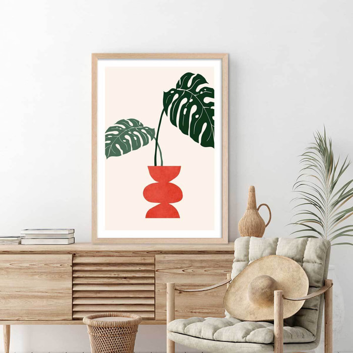 Affiche fleurs Deco vase monstera Affiche + cadre en bois - Chêne