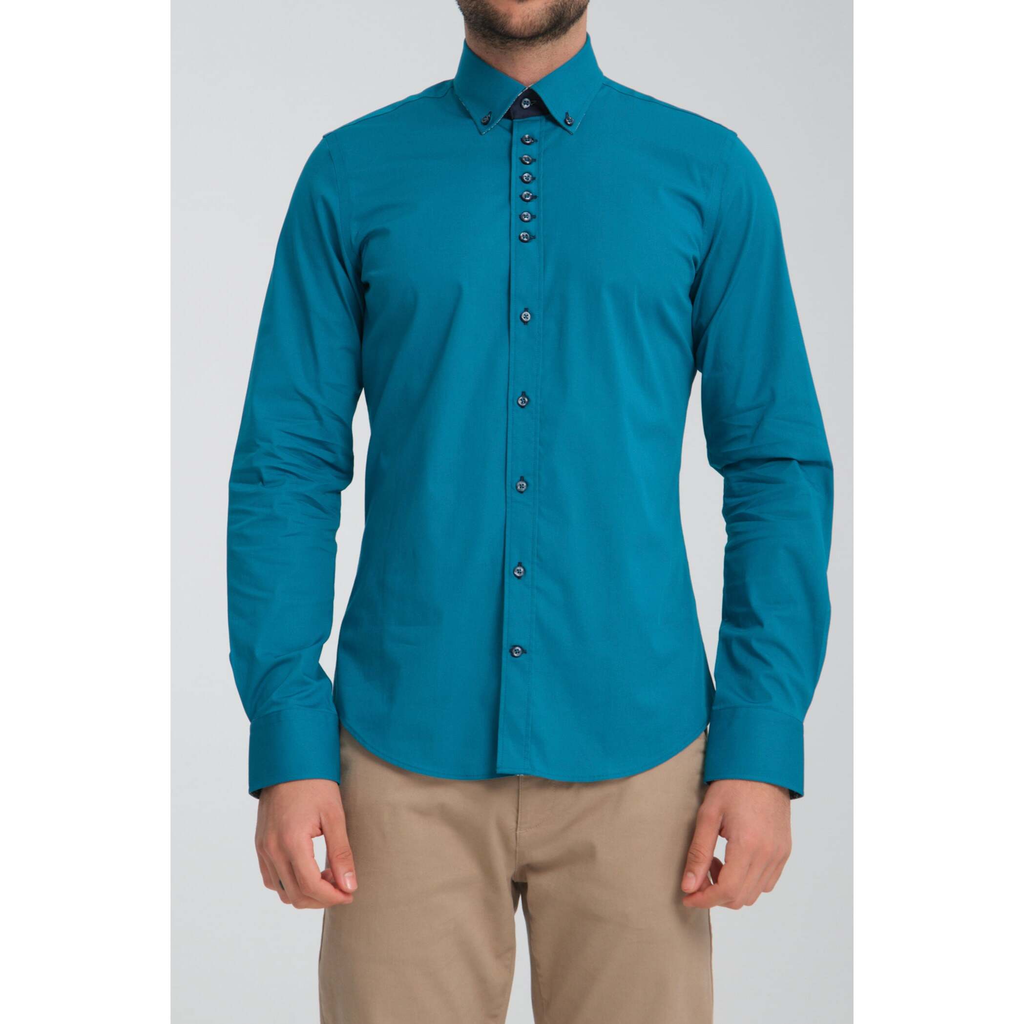 Camicia Uomo 1 Bottoni Button Down Slim Popeline Stretch Unito Verde Ottanio
