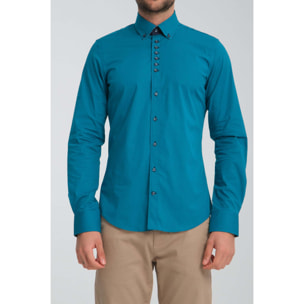 Camicia Uomo 1 Bottoni Button Down Slim Popeline Stretch Unito Verde Ottanio