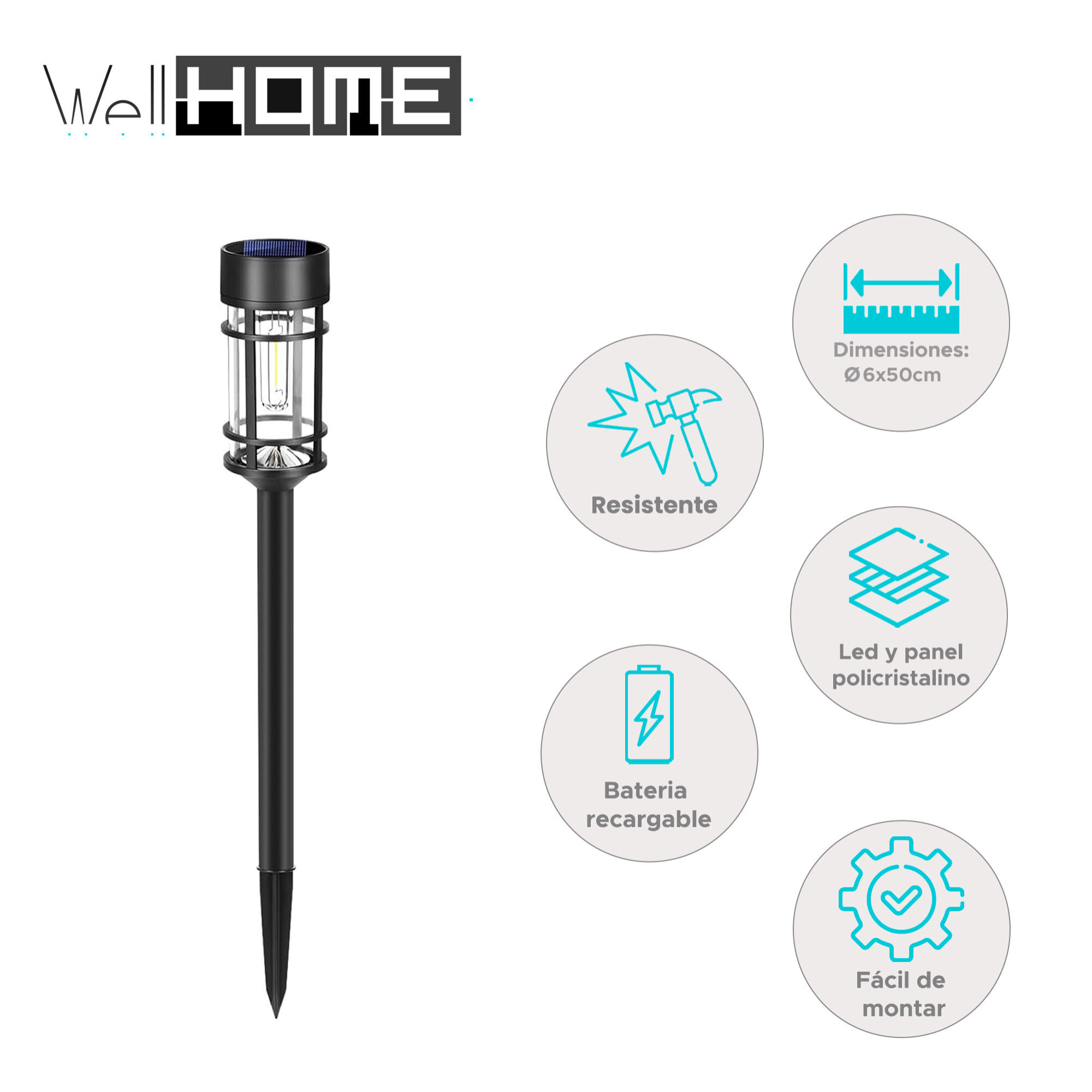 Well Home Luz Solar de Jardín con LED Blanco Cálido y Panel Policristalino Ø6x50cm