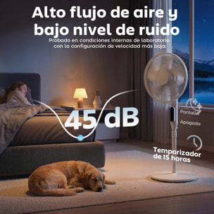 Ventilador de Pie con Control Remoto y Función Wifi, Ventilador de Pedestal Silencioso con Altura Ajustable, 3 Velocidades, 3 Modos, Oscilación 85°, Temporizador 15H y Pantalla LED, 50W, Blanco