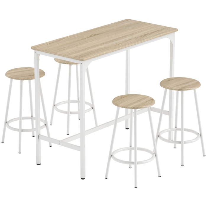 Conjunto Mesa Alta de Cocina con 4 Taburetes, Mesa de Bar Alta, Ahorro de Espacio, para Pisos Pequeños, Comedor, Balcón o Isla Cocina 110x50x89,5 cm, Natural y Blanco