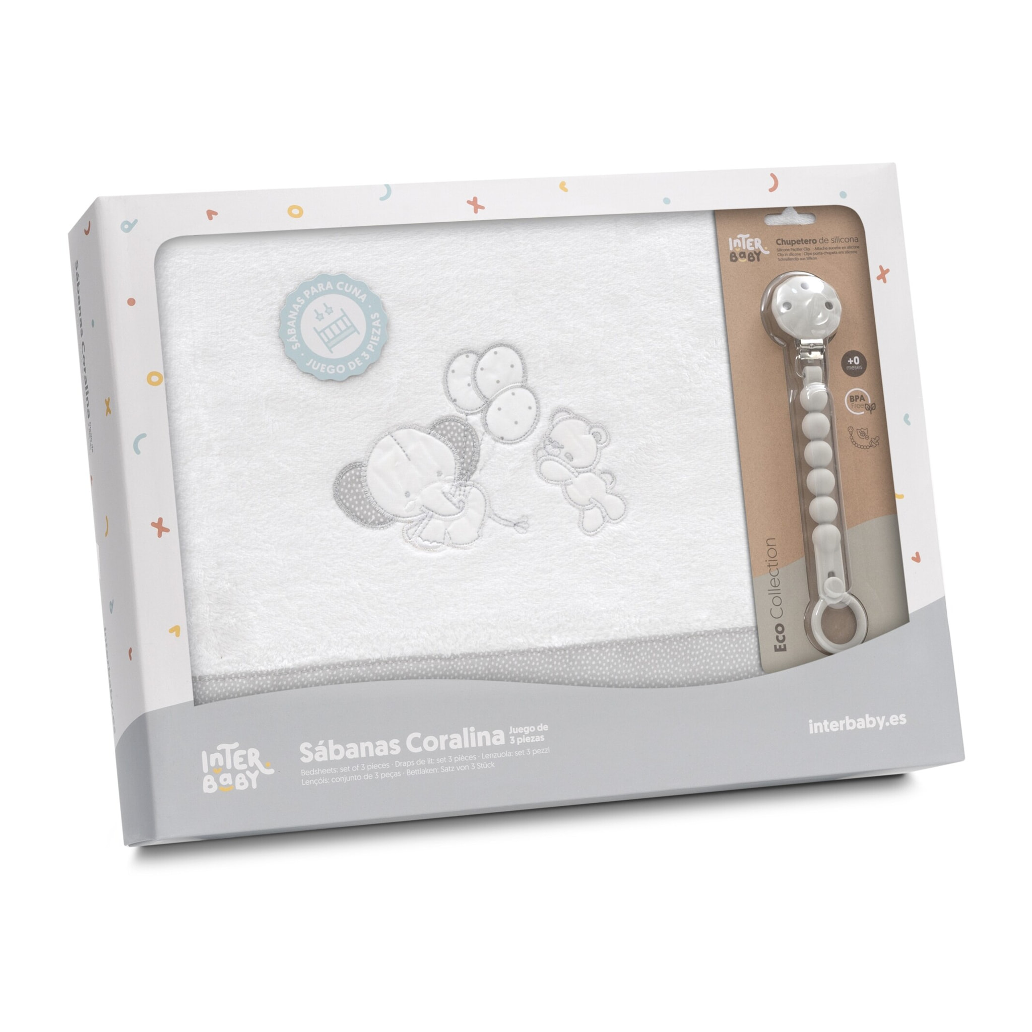 Triptico Cuna Coralina Oso Elefante Globos +Broche Bco/Gris