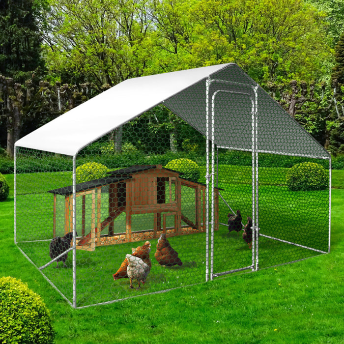 Enclos poulailler - Structure grise / Grillage vert / Filet noir / Brise-soleil blanc